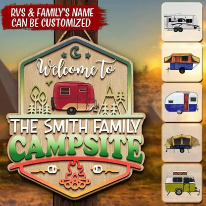 Welcome To The Campsite - Personalized Wooden Door Sign 2 Layers, Gift For Camper, Camping RV Decoration