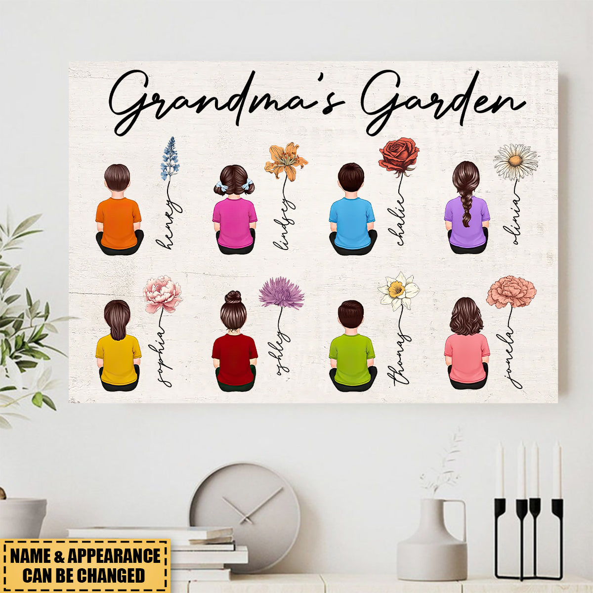 Vintage Birth Month Flowers Garden With Grandkids Names Personalized Poster, Mother‘s Day Gift For Grandma Mom Auntie